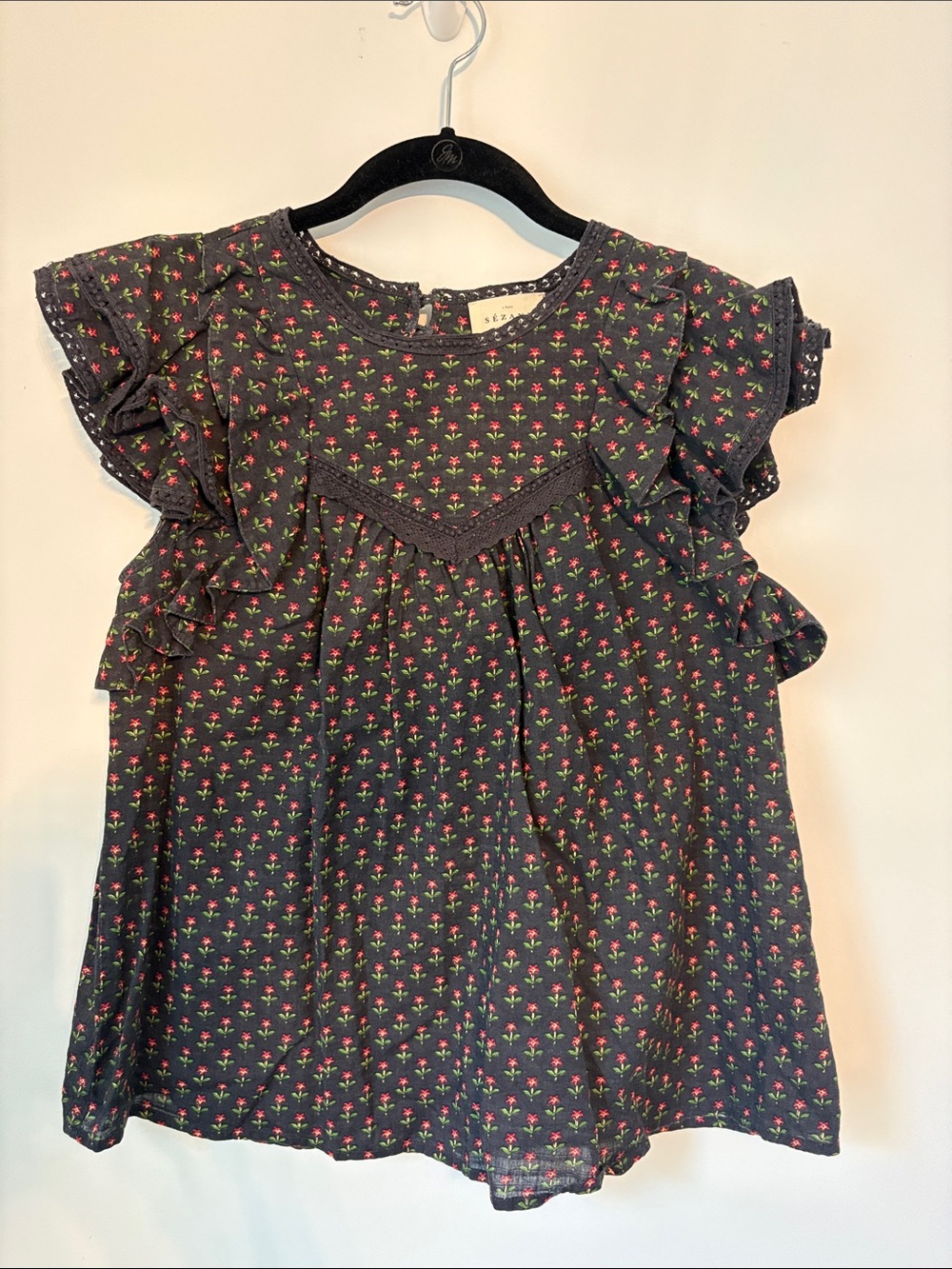 Sezane Black Top with Pink Floral Motif